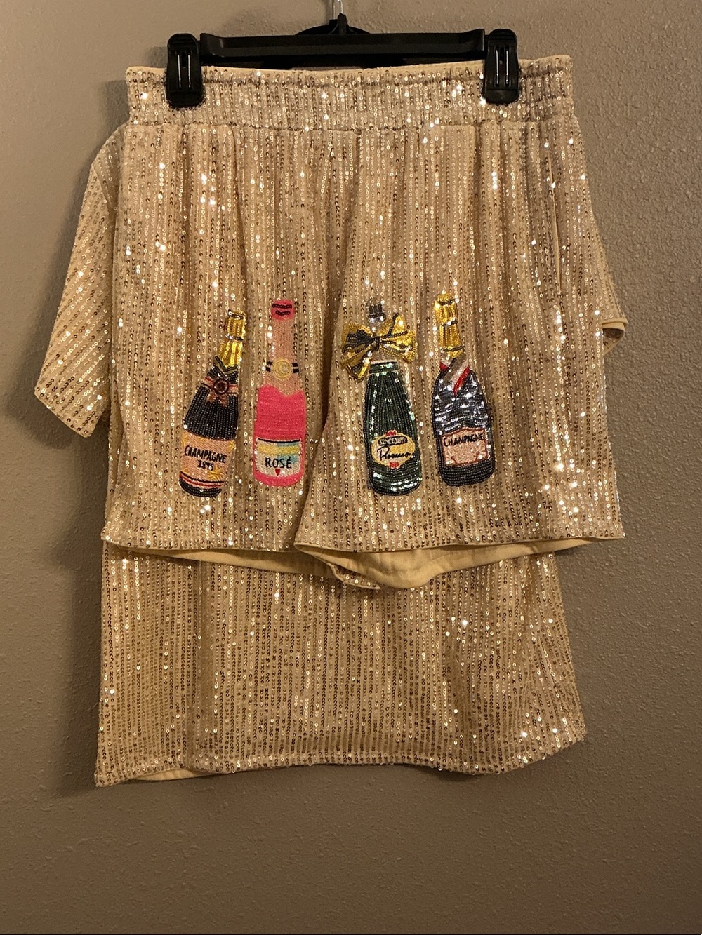 WHY Gold Sequin Champagne Bottle Embellished Short Sleeve Top & Matching Shorts - Picture 3 of 5